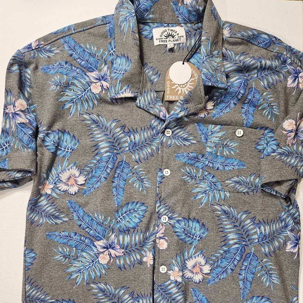 Free Planet Button Up Shirt Mens Large Grey Blue Floral Tropical Casua Vacation‎